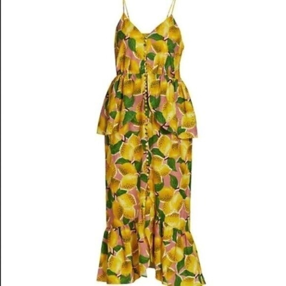 Farm Rio Fresh Lemons Autumn Wedding Guest Ruffle Midi Dress NWT S